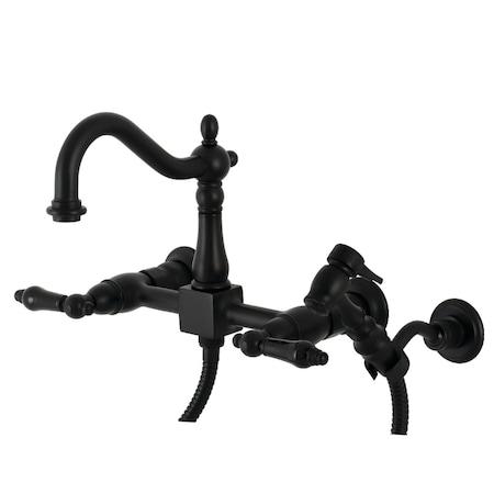 Kingston Brass Duchess Wall Mount Bridge Kitchen Faucet W/ Brass Sprayer, Black KS1260PKLBS